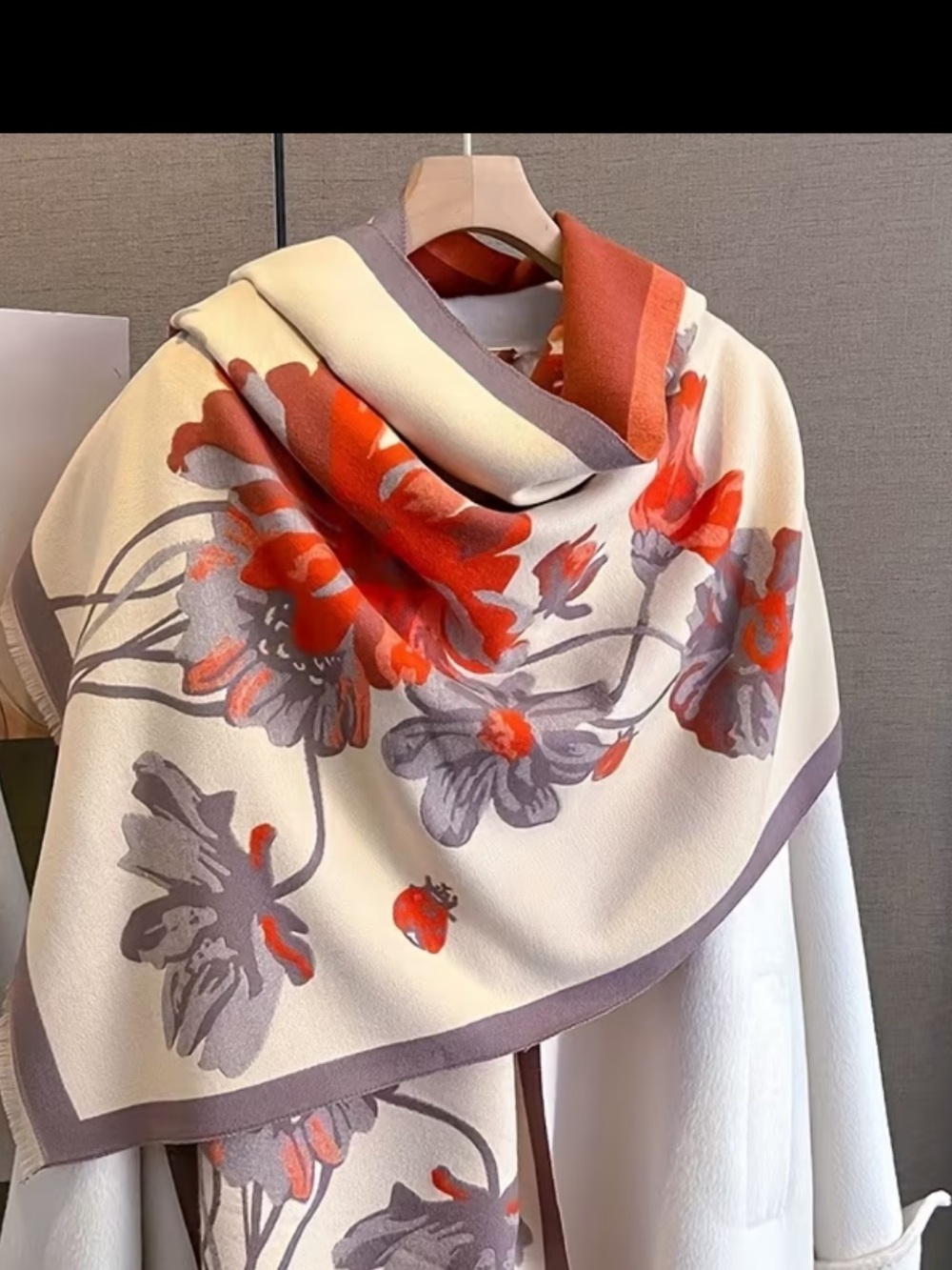 Cream Floral Shawl with Coral & Gray Accents in Faux Cashmere NWT - Picture 3 of 4